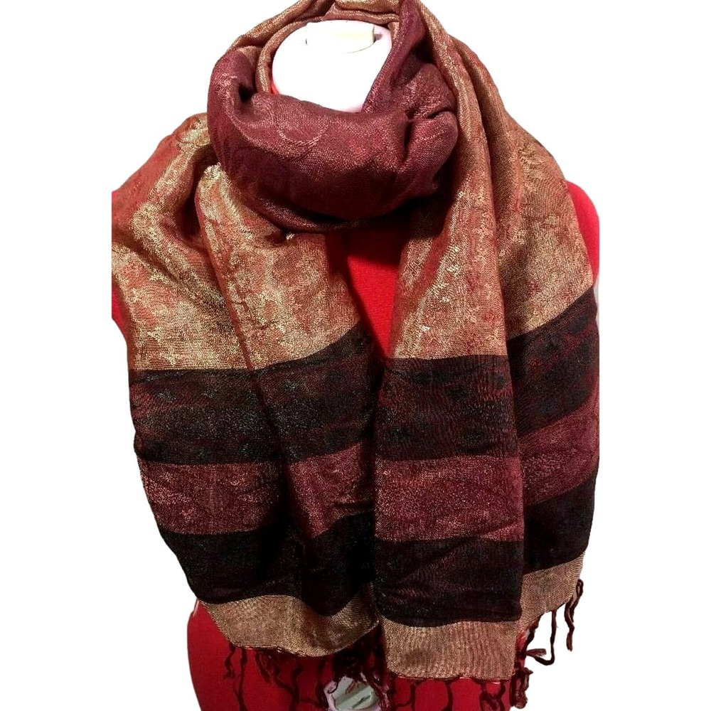 Burgundy Jacquard Woven Wrap Scarf Floral Golden Shimmery Silky Soft Fringed 63"
